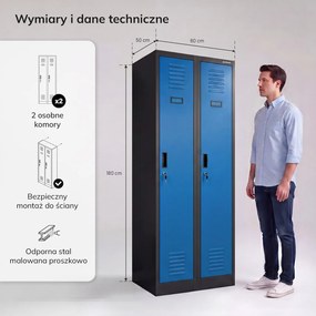 Dwudrzwiowa szafa BHP wąska 60x50x180 cm Kacper 2, antracyt/niebieski
