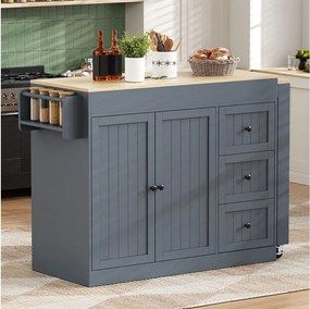 Rozkładana wyspa kuchenna na kółkach - 112/186,8 x 45 x 93 cm - z półką + 3 szufladami + 2 drzwiami - MDF - szara