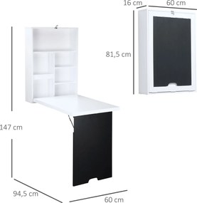 HOMCOM Biurko ścienne z tablicą, 5 półkami, składane biurko komputerowe do biura, białe+czerne 60 x 94,5 x 147 cm