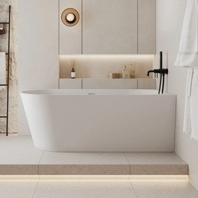 Wanna wolnostojąca narożna prawa konglomerat beżowa błyszcząca/matowa 160 x 75 cm WALL Beige Matt / Glow z przelewem typu SLIM : Kolor wanny - Biały matowy