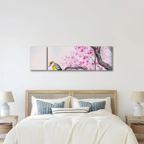 Obraz - ptak na drzewie z różowymi kwiatami (170x50 cm)