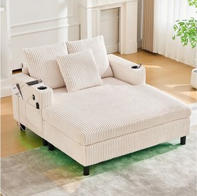 Sofa 3-osobowa rozkładana - 142 x 128 x 85 cm - z uchwytami na kubki + porty USB + diody LED - aksamitna - beżowa