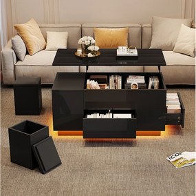 Stolik kawowy 4 w 1 podnoszony - 100 x 50 x 45 cm - z diodami LED + 2 szuflady + 2 hokery - płyta wiórowa - czarny