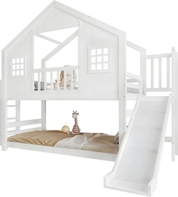Łóżko piętrowe dla dzieci - 2 x 90 x 200 cm - ze zjeżdżalnią, oknem i dachem oraz stelażem z listew - sosna i płyta MDF - białe
