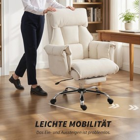 HOMCOM Fotel biurowy regulowany obrotowy z podparciem lędźwiowym, podnóżkiem, śnieżnym flanellem, 80 x 80 x 106-114 cm Cremeweiß | Aosom PL