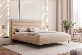 BESILIO Stylowe łóżko z pojemnikiem 160x200 Marbella II- łóżko tapicerowane na wysokich nogach, stelaż drewniany - Beżowe