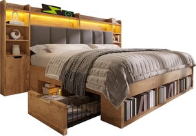 Łóżko podwójne z pojemnikiem w wykończeniu dębowym - 180 x 200 cm - z zagłówkiem + oświetlenie LED + stoliki nocne + szuflady - drewno - naturalne