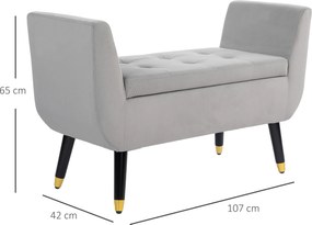 HOMCOM Ławka z miejsca do przechowywania i podłokietnikami, Skrzyniowa, Aksamitny Poliester, Drewno Kauczukowe, Jasnoszary, 107 x 42 x 65 cm