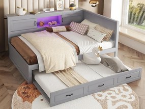 Łóżko banquette 140x200cm z LED i gniazdkami - z łóżkiem wysuwanym 90x190cm - Szare