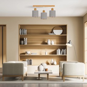 Szara lampa sufitowa, trzypunktowy spot CL-DWE50x7BU-GR z drewna E27