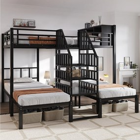 Łóżko piętrowe 3-osobowe z żelaza - 140 x 200 cm + 2 x 90 x 200 cm - ze schodami + schowek - Metalowe - czarne