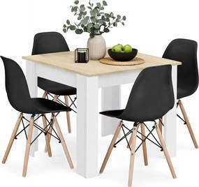 Kwadratowy stół biały + dąb sonoma z 4 czarnymi krzesłami N5-F29