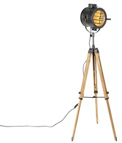 Lampa podłogowa na trójnogu czarna z drewnianym kloszem - RadientPrzemysłowy Oswietlenie wewnetrzne