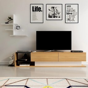 Biały zestaw pod TV w dekorze egzotycznego drewna 180x40 cm Liza - Kalune Design