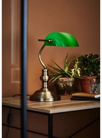 Zielona lampa stołowa z podstawą w kolorze mosiądzu Markslöjd Bankers, wys. 25 cm
