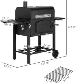 Outsunny Grill węglowy BBQ Smoker z regulowanym basenem węglowym, bocznymi półkami, 124 x 66 x 112 cm, Czarny