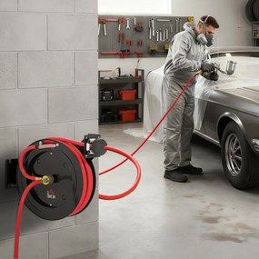 HOMCOM Bęben na wąż ogrodowy montowany na ścianie, automatyczne zwijanie, 20 bar ciśnienia wody, 15+1 m wąż wodny, metalowy