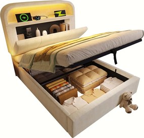 Łóżko hydrauliczne ze schowkiem - 90 x 200 cm - regulowany zagłówek ze schowkiem - z diodami LED + USB/Typ-C - welurowe - beżowe (z materacem)