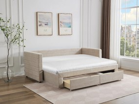 Łóżko wysuwane 2 x 80 x 200 cm - Z rozsuwanym stelażem i szufladami - Teksturowana tapicerka - Beżowy - CAMITY