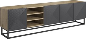 Szafka RTV Asha 200 cm z wnęką i ryflowanym frontem na stelażem - artisan / rivier stone mat