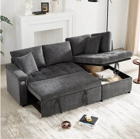Sofa 3-osobowa, Sofa rozkładana z portami USB i schowkiem, tapicerowane oparcie - Ciemnoszary szenil
