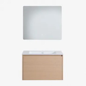 Zestaw Mebli Łazienkowych Z Drewna Z Wbudowaną Umywalką Jacob Naturalna & Prostokątny Led I Przeciwmgielny 80x70 Cm Riben & Bez Kranu - Sklum