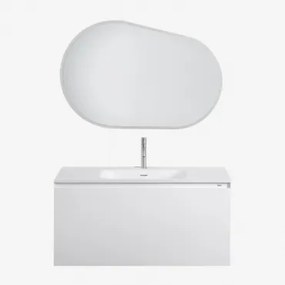 Zestaw Drewnianych Mebli Łazienkowych Macrae Ze Zintegrowaną Umywalką Biała & Owalna Lampa Led I Przeciwmgielna 100x80 - Sklum
