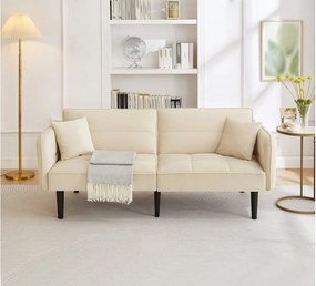 Sofa 2-osobowa, aksamit beżowy, tapicerowana sofa z regulowanym oparciem, czarne drewniane nogi