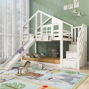Łóżka piętrowe 2 x 90 x 200 cm z 3 szufladami, prowadnicą i dachem - Drewno lite + MDF - 2 x stelaż z listew - Białe (bez materaca)