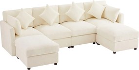 Kanapa narożna w kształcie litery U lub L - 4 osoby - z 2 pufami - regulowane podłokietniki - z 4 poduszkami + 2 zagłówkami - beżowy