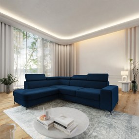 Masseno Narożnik ALVORO z funkcją spania i pojemnikiem na pościel Narozniki L, Rozkładana sofa - Niebieski, MATT VELVET 79