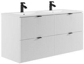 Wisząca ryflowana szafka łazienkowa z okrągłą umywalką nablatową  - Biały mat - 120 cm - ZEVINI