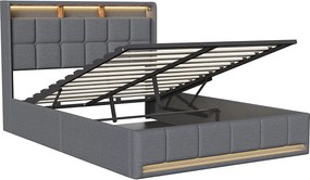 Łóżko 140x190 cm z oświetleniem LED, hydraulicznym schowkiem, stelażem z listew, ładowarkami USB i typu C - tkanina lniana w kolorze szarym