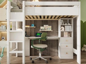 Łóżko antresolowe 90x200 cm - z USB i Type-C - z biurkiem narożnym, półkami i szufladami - z barierkami ochronnymi - białe (bez materaca)