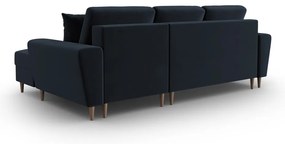 Ciemnoniebieski aksamitny rozkładany/ze schowkiem narożnik (prawostronny/z szezlongiem) Kyoto – Cosmopolitan Design