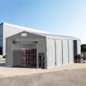 TOOLPORT 8x12m Namiot magazynowy - 3,6 m wysokość ścian bocznych z podciąganą do góry bramą i świetlikami dachowymi, PVC 850, szary, bez statyki - (79849)