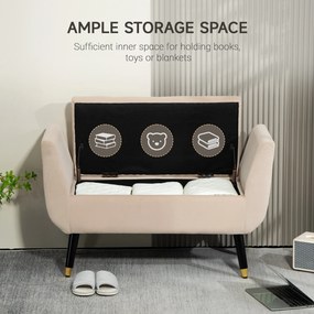 HOMCOM Tapicerowana ławka welurowa z podłokietnikami i miejscem do przechowywania beżowa 107x42x65 cm | Aosom PL