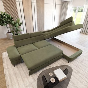 Masseno Narożnik AVISE z funkcją spania i pojemnikiem na pościel Narozniki L, Rozkładana sofa - Zielony, MATT VELVET 38