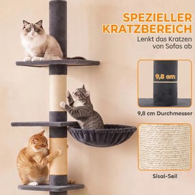 PawHut Drapak sufitowy 225–255 cm regulowany Drapak dla kota z 5 poziomami 3 słupkami z sizalu, hamak, platformy | Aosom PL