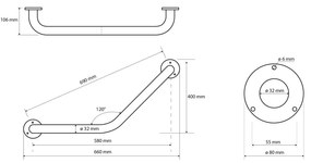 Uchwyt ścienny ze stali nierdzewnej do łazienki 66 cm Handicap 120° – Sapho