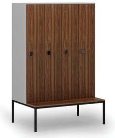 Drewniana szafa ubraniowa S4 z ławką, 4-drzwiowa, 1871 x 1200 x 500/800 mm, demontaż, zamek kodowy, szary/orzech