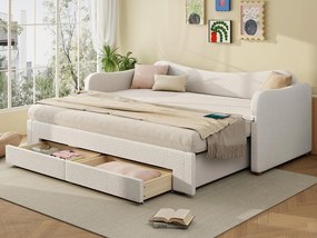 Tapicerowana sofa z łóżkiem 90x200cm - z łóżkiem chowanym - 2 szuflady do przechowywania - Port USB - Tkanina bouclé - Beżowy​ (bez materaca)