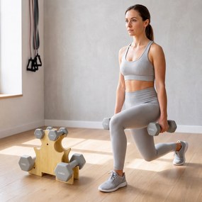 SPORTNOW Zestaw hantli 3 pary 1kg 3kg 5kg z drewnianym stojakiem, antypoślizgowy uchwyt, żeliwo, jasnoszary | Aosom PL