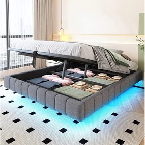 Łóżko tapicerowane dwuosobowe ze schowkiem - 160 x 200 cm - bez wezgłowia + diody LED - Tkanina lniana - Szare