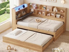 Kanapa rozkładana dziecięca 90x200cm - Z łóżkiem chowanym 90x190cm - Z oświetleniem LED i portem USB - Z półkami - Naturalny​ (bez materaca)