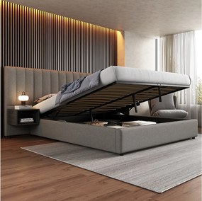 Łóżko ze schowkiem 180 x 200 cm z dużym wezgłowiem i 2 szafkami nocnymi - Tkanina lniana - Szary + czarny (bez materaca)