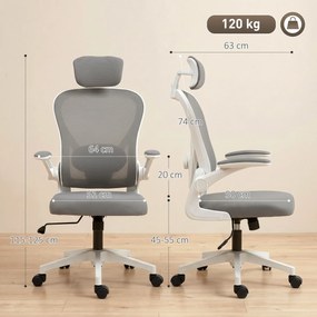HOMCOM Fotel biurowy Ergonomiczny fotel biurkowy ze składanymi podłokietnikami, regulowanym podparciem lędźwiowym Szary | Aosom PL