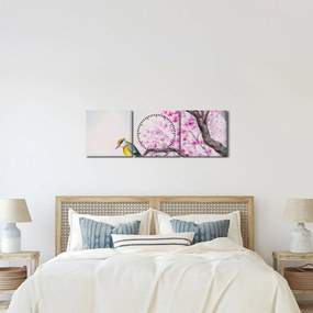 Obraz - ptak na drzewie z różowymi kwiatami (z zegarem) (90x30 cm)