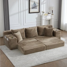 Modułowa sofa 2-osobowa w sztruksie - 107 x 38 x 34 cm - z poduszkami + kieszeniami + uchwytami na kubki - khaki