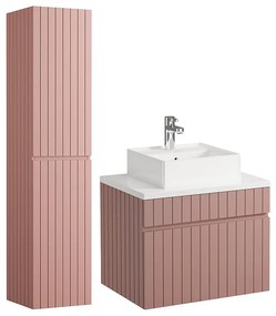 Wisząca szafka łazienkowa w kolorze różowym z prążkowaną fakturą, z umywalką nablatową i słupkiem – 60 cm – SATARA
